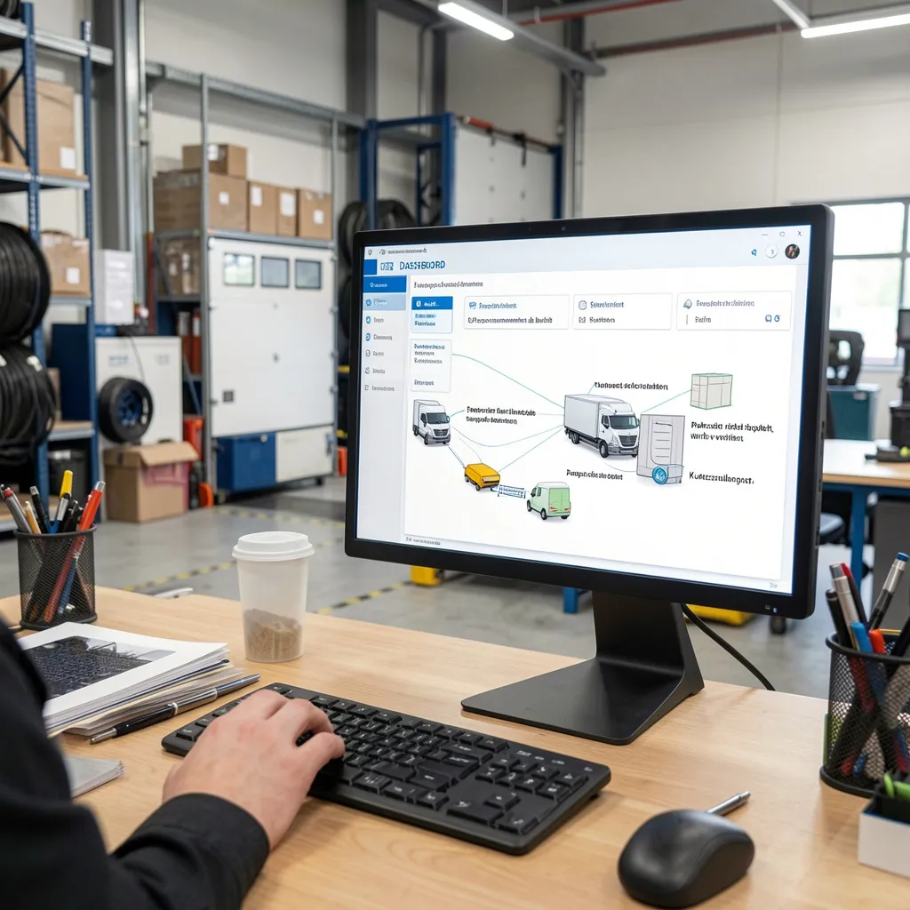 Büro mit Dashboard am Bildschirm